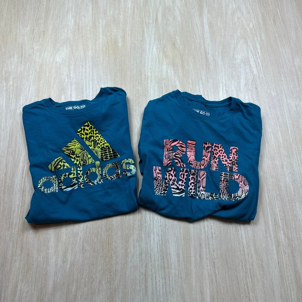 Adidas Girls Run Wild Animal Print Graphic Logo Teal T Shirt 2pc Lot Youth M/L